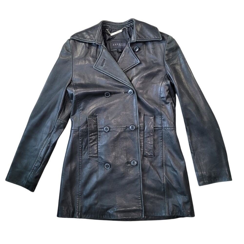 Vintage 90s 100% Leather Double Breasted Peacoat Jacket SIze XS Y2K Goth